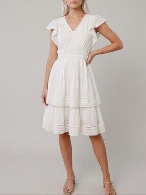 Rachel Parcell White Cotton Flutter Sleeve Tiered Dress Size 8 Milkmaid Coquette